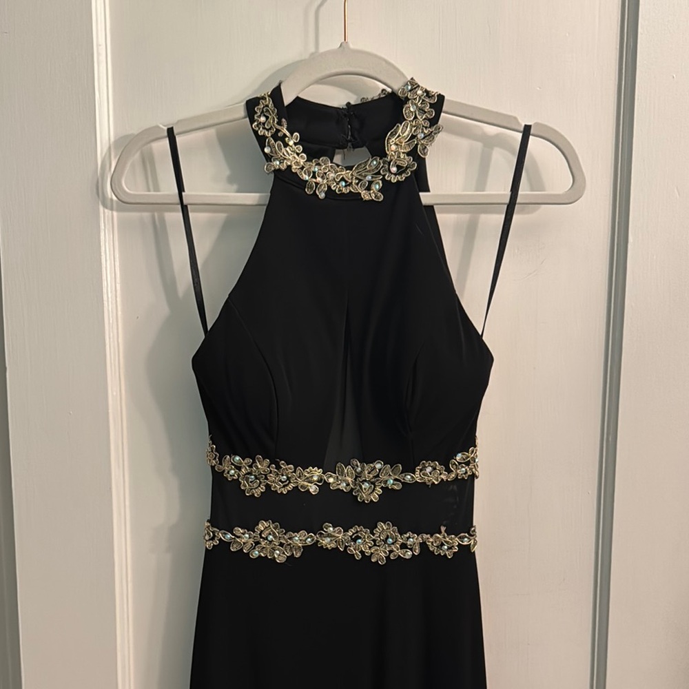 Elegant Black Evening Gown with Gold Accents